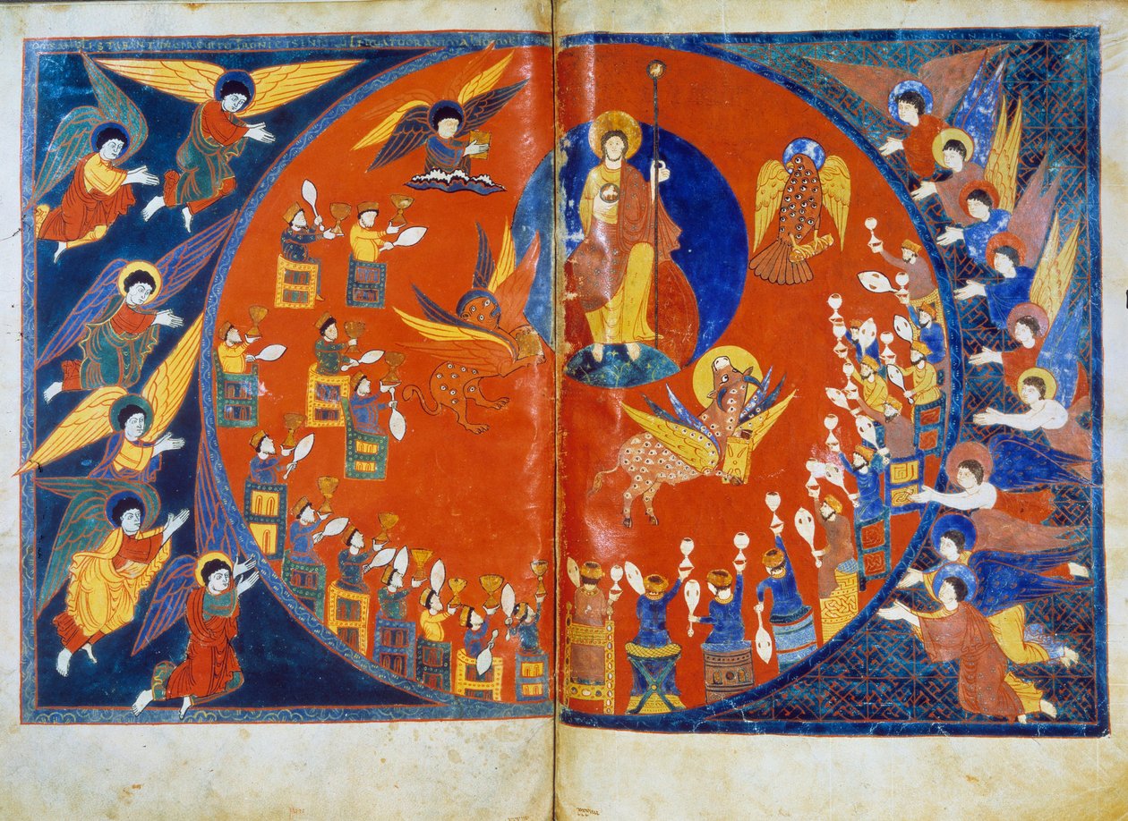 Die Vision des Heiligen Johannes Miniatur aus den Kommentaren zur „Apokalypse nach Johannes“ geschrieben 775 von dem Mönch Beatus von Liebana von French School