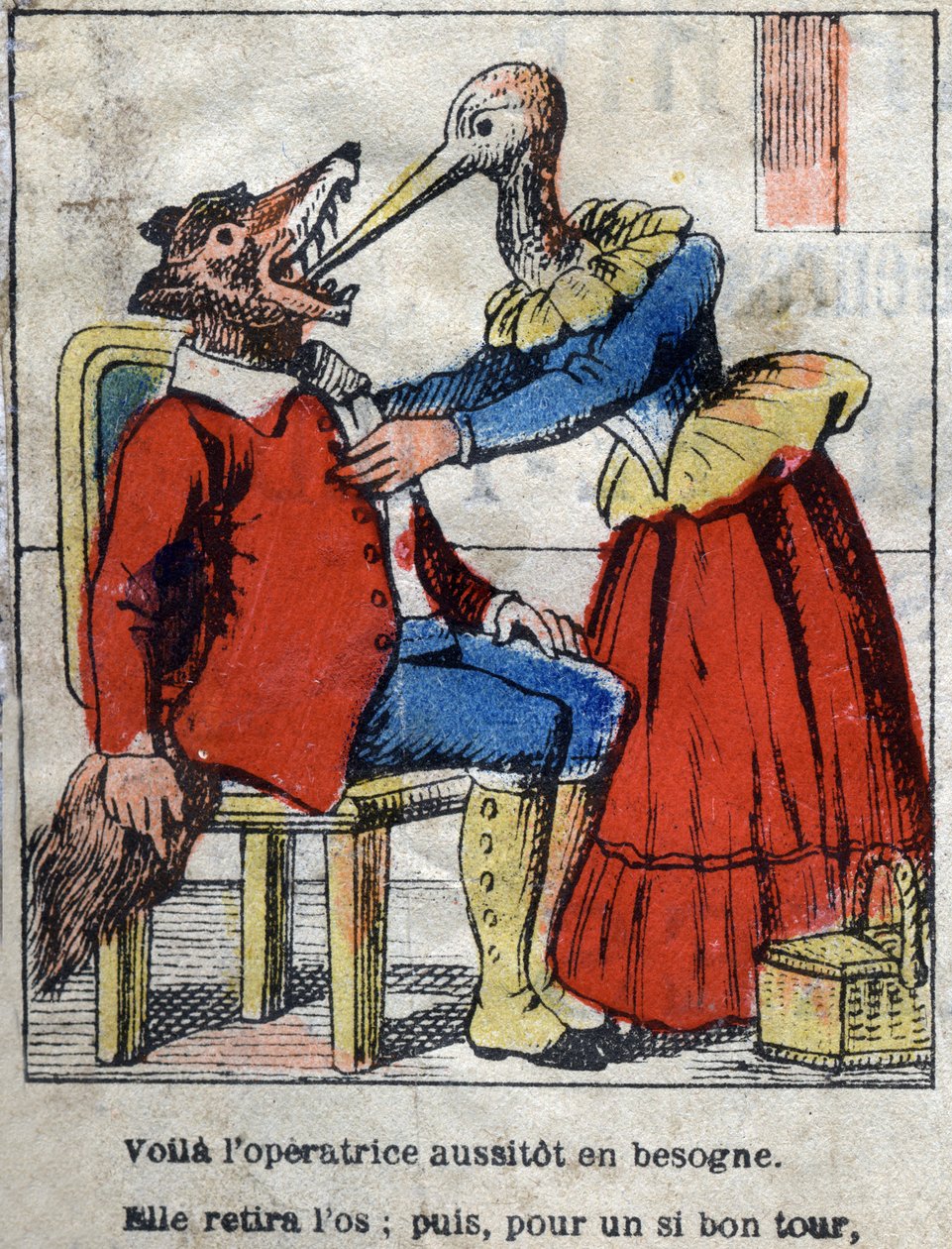 Der Wolf und der Storch. Fabeln von Jean de La Fontaine (1621-95). Epinal-Bild vom Ende des 19. Jahrhunderts von French School