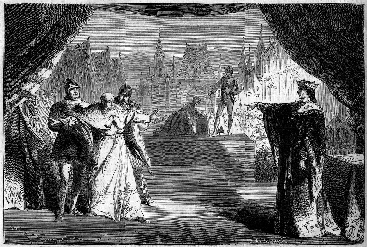 Theateraufführung: Akt II Szene sieben von „Die Tochter des französischen Richters“ von Adolphe Carcassonne (1826-1891). Théâtre de Marseille von French School