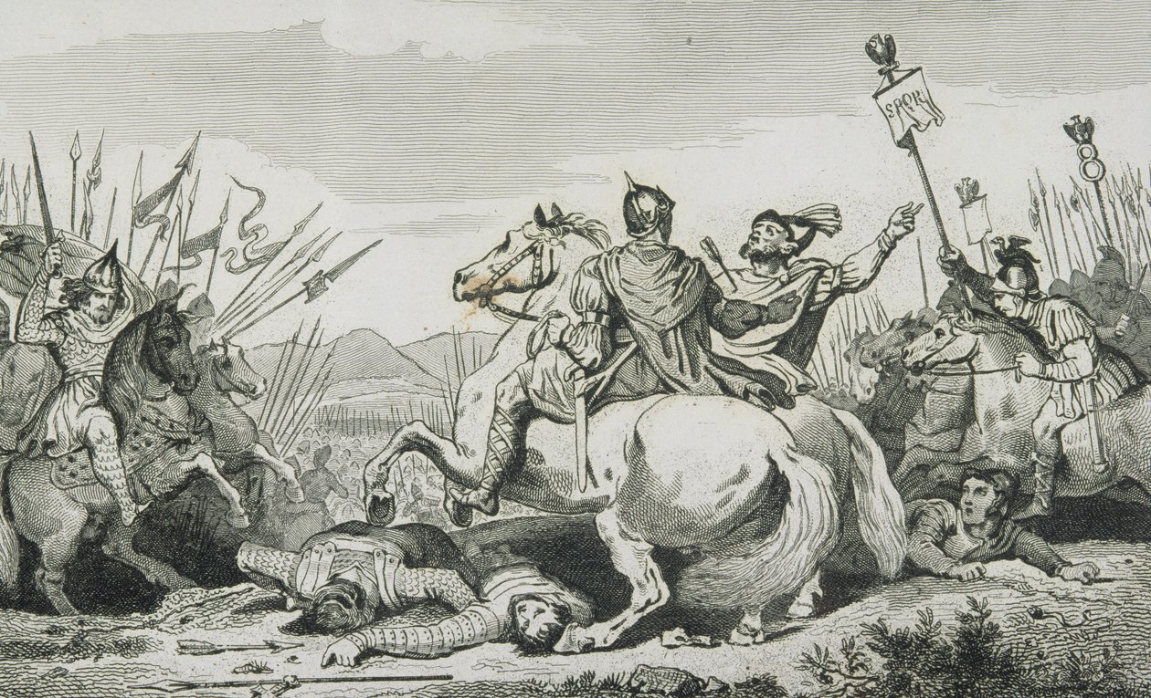 Theoderich wird in der Schlacht gegen Attila getötet, nahe Chalons, aus 