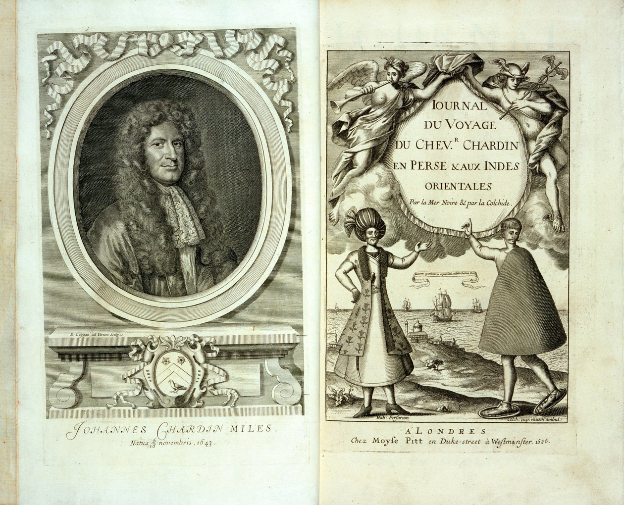 Titelseite und Frontispizporträt von Journal du Voyage de Chevalier Chardin en Perse et aux Indes Orientales von Jean Chevalier Chardin, 1686 von French School