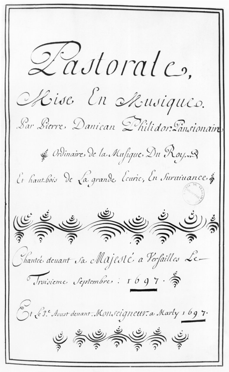 Titelseite der Pastorale von Pierre Danican Philidor (1681-1731), 1697 von French School