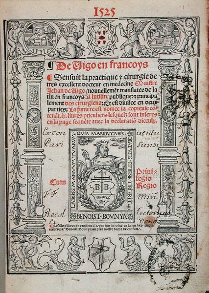 Titelseite eines Buches über Chirurgie von Jean de Vigo, 1525 (Holzschnitt) von French School