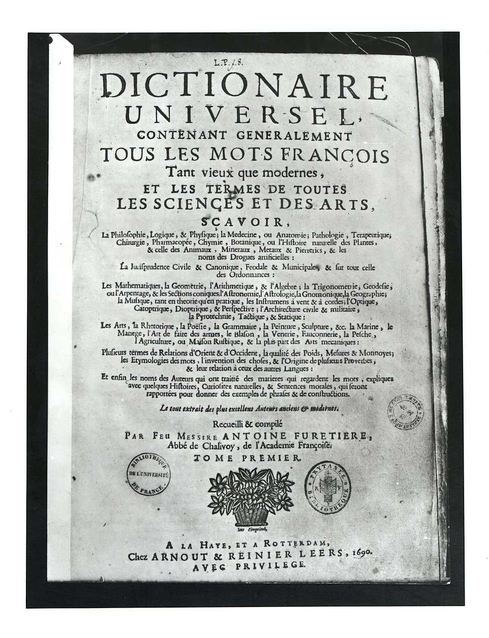 Titelseite des Dictionnaire Universel von Antoine Furetiere (1619-88) 1690 von French School