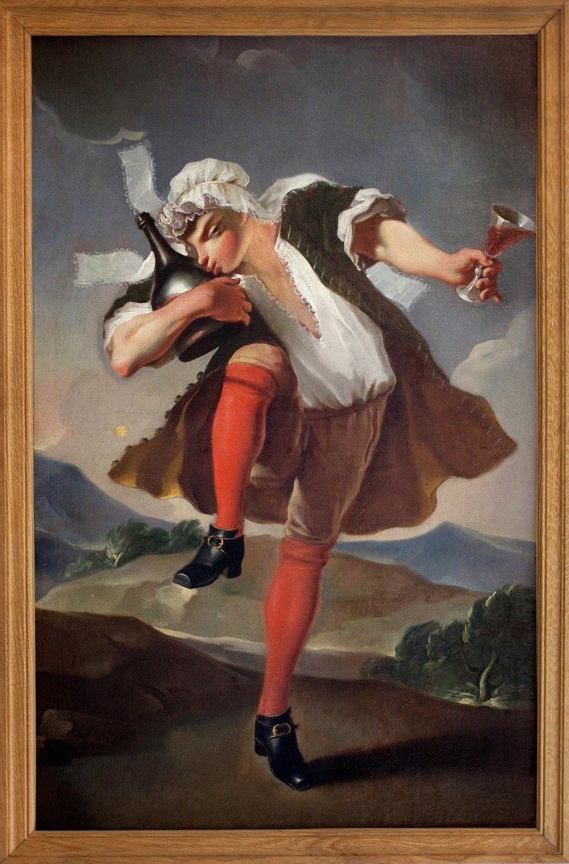 An die drei vereinten Stände. Ein Mann, der den Klerus, den Adel und den Dritten Stand repräsentiert, hält ein Glas Rotwein und küsst eine Flasche. Gemaltes Schild eines Weinhändlers. Anonymes Gemälde, Revolutionszeit von French School