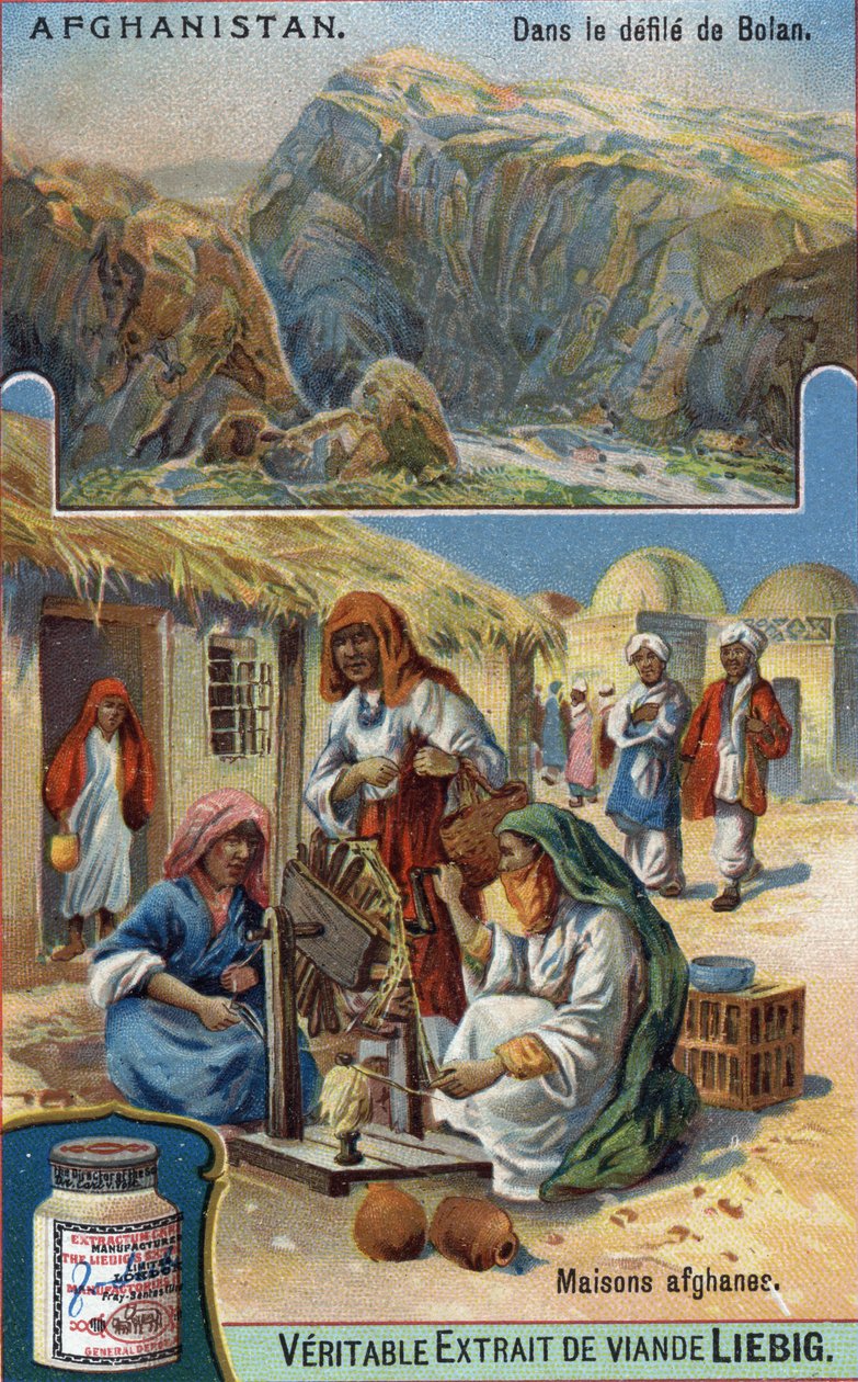 Oben: Bolan-Parade in Afghanistan. Unten: Afghanische Frauen, die vor ihren Häusern Wolle weben. Chromolithographie des 19. Jahrhunderts von French School