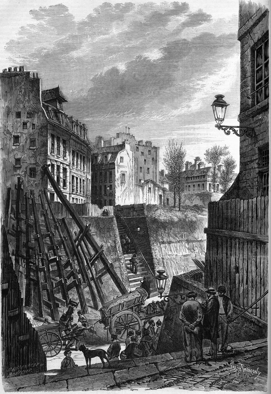 Transformationen von Paris unter dem Zweiten Kaiserreich, Haussmanns Paris: Blick auf die Rue Rollin an ihrer Kreuzung mit der Rue Monge. von French School