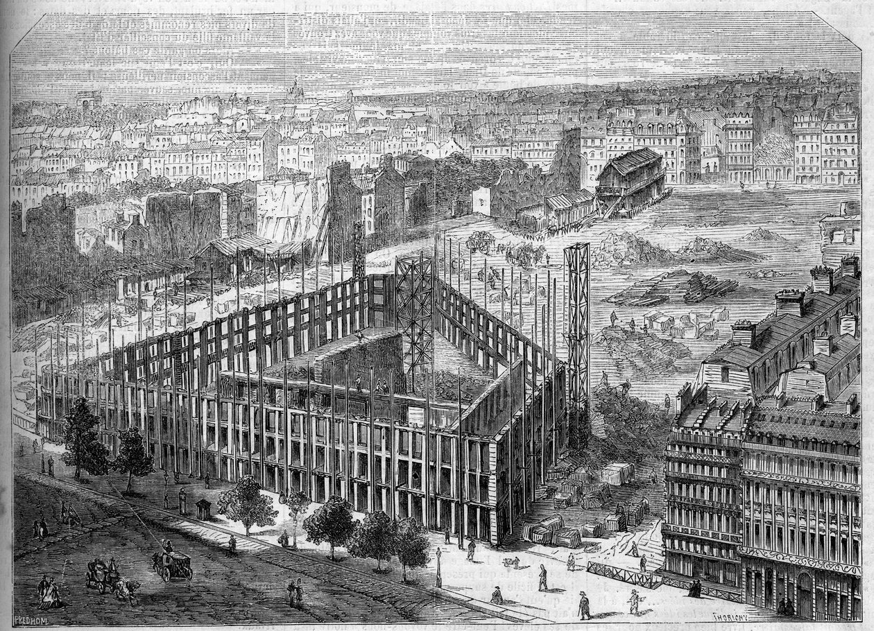Transformationen von Paris unter dem Zweiten Kaiserreich, Paris Haussmann: Bau des Hotel de la Paix und Ansicht des Standorts der zukünftigen Oper Garnier, zwischen den Straßen Neuve des Mathurins, der Chaussee d