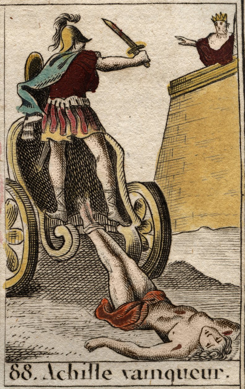 Trojanischer Krieg: Triumphierender Achilles schleppt Hektors leblosen Körper vor die Tore Trojas. Aus „Mythologie der Jugend“ von Pierre Blanchard 1803 von French School
