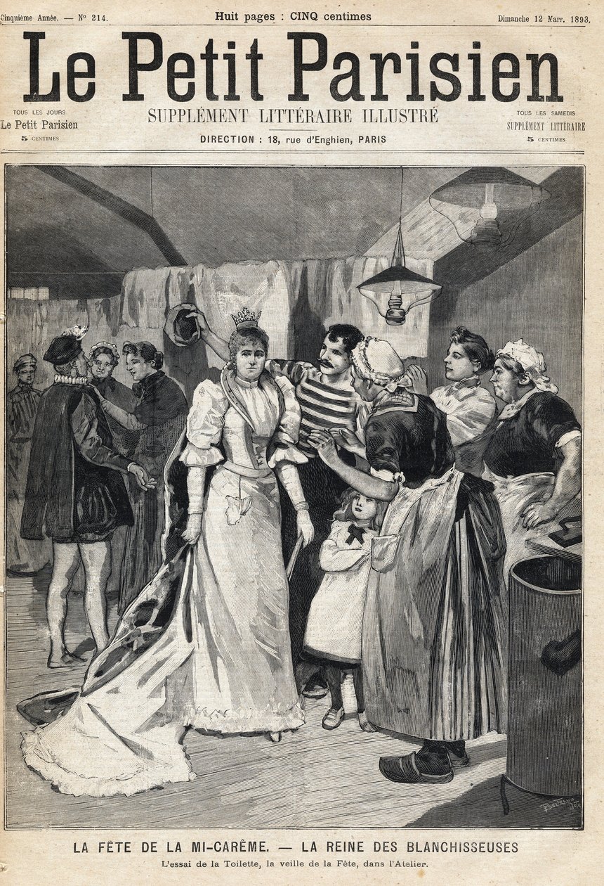 Anprobe im Atelier am Vorabend des Mi-Carême-Festes: die Königin der Bleichmittel. In der Zeitung „Le Petit Parisien“ am 12.03.1893 (Gravur) von French School