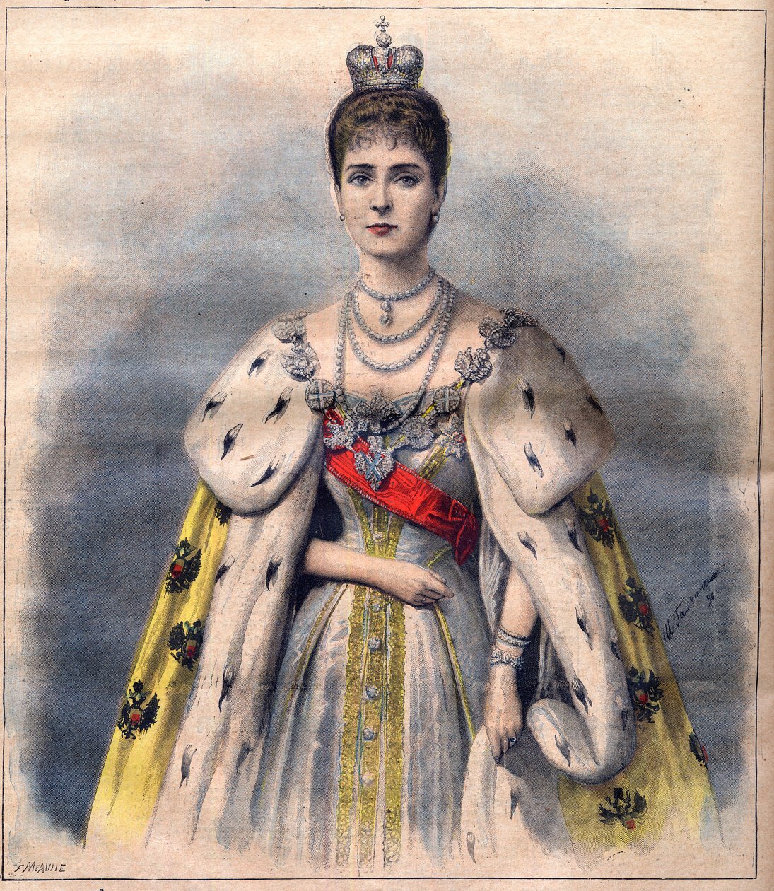 Zarin Alexandra von Russland in ihren Krönungsroben - Zarin Alexandra Fjodorowna im heiligen Kostüm. Illustration für Le Petit Journal, 24. Mai 1896 (Gravur) von French School