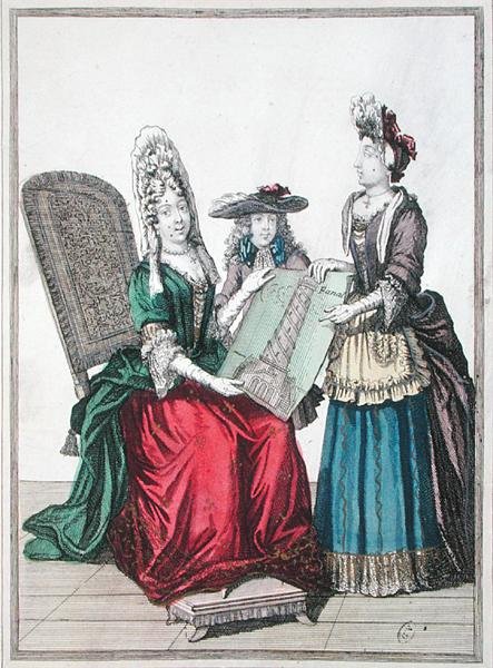 Zwei Frauen und ein Junge bewundern einen Druck des Großen Leuchtturms ...