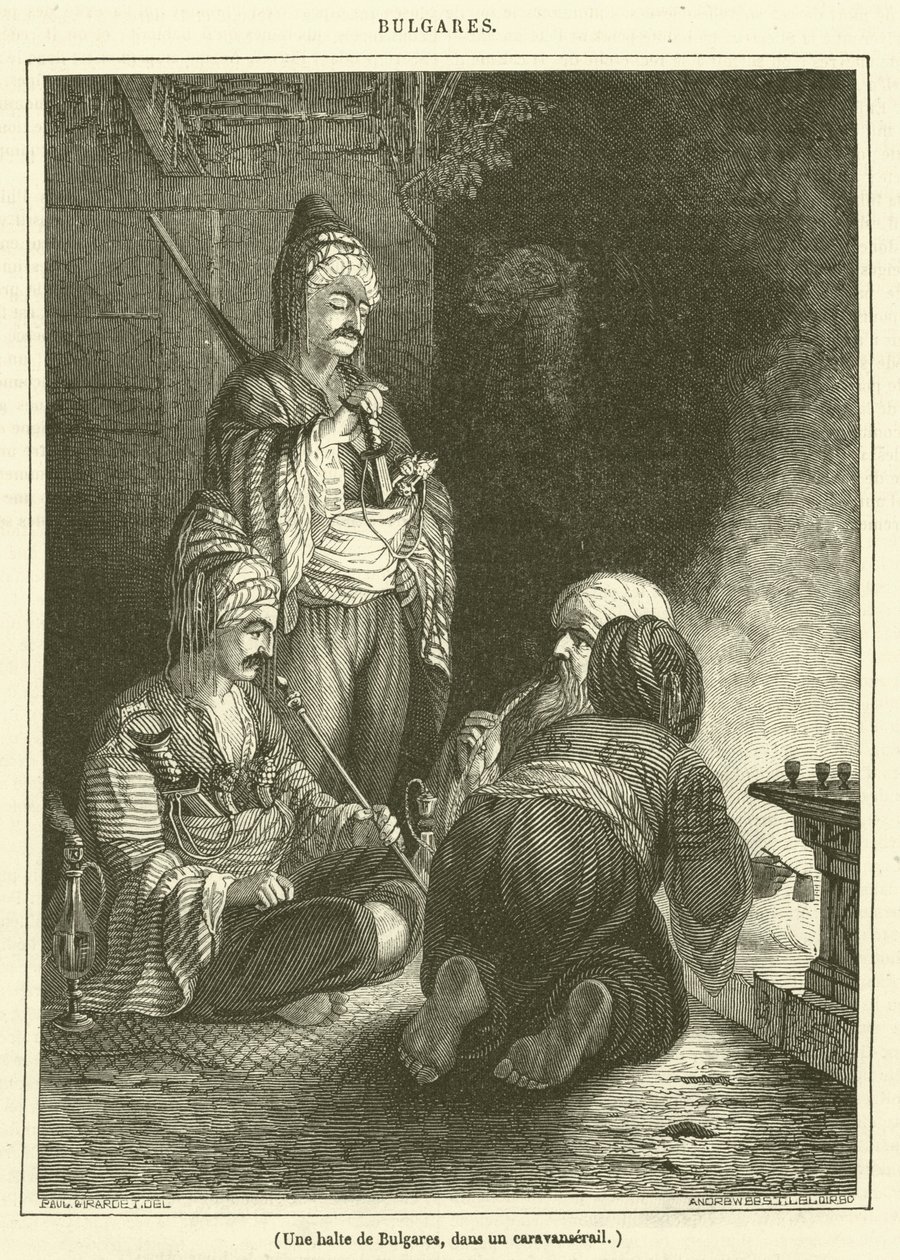 Eine Rast von Bulgaren in einem Karawanserei von French School