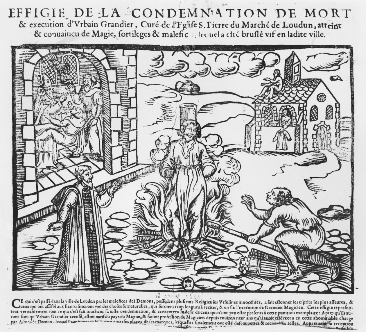 Urbain Grandier auf dem Scheiterhaufen verbrannt nach den Ereignissen der Besessenheit von Loudun, 1634 von French School