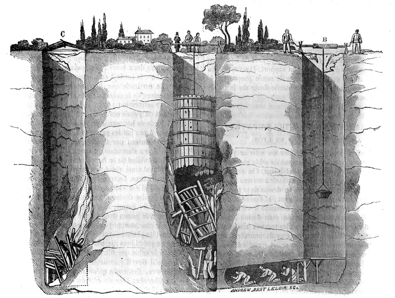 Verschiedene Fakten: Schneiden des Brunnens und die Rettungsbrunnen, die verwendet werden, um einen Schachtarbeiter zu befreien, der nach einem Erdrutsch mehrere Tage lang feststeckt, Champvert, in der Nähe von Lyon. In „Der malerische Laden“ 1836 von French School