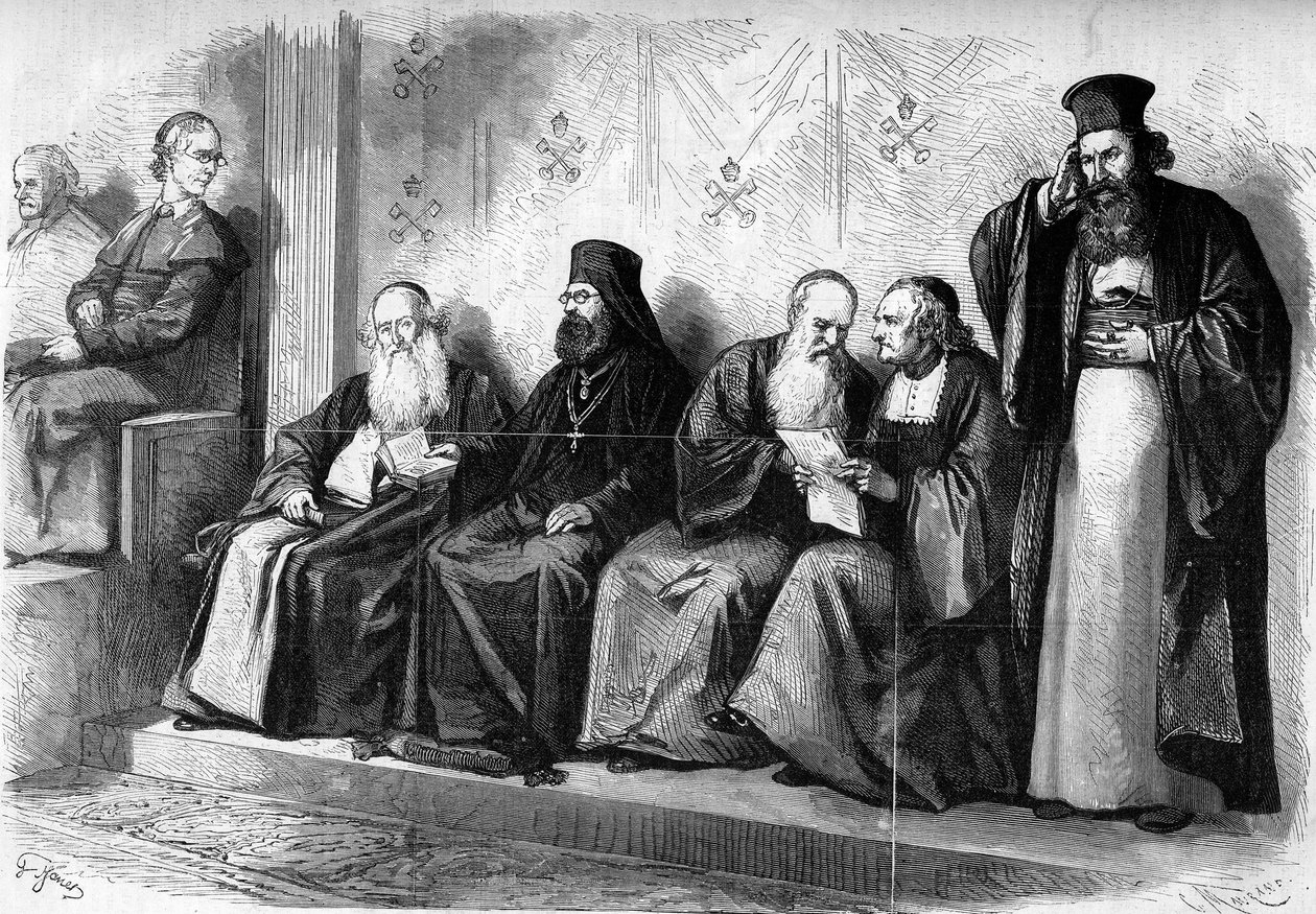 Erstes Vatikanisches Konzil (1869-1870): Patriarchen und Archimandriten während der vorsynodalen Audienz in der Sixtinischen Kapelle in Rom. Dezember 1869. Gravur in „Le Monde Illustré“ Nr. 662 vom 19. Dezember 1869. von French School
