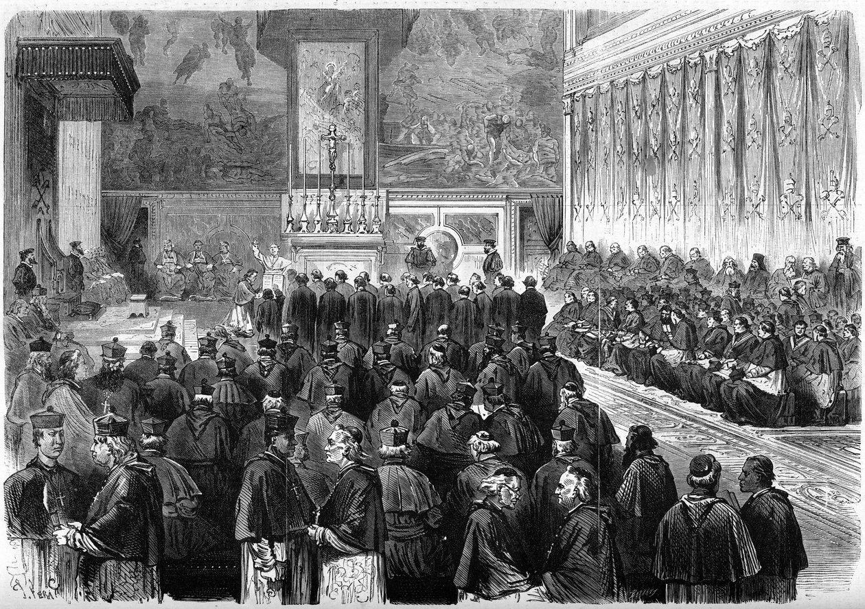 Erstes Vatikanisches Konzil (1869-1870): prosynodale Audienz in der Sixtinischen Kapelle in Rom. Papst Pius IX. (1792-1878) empfängt den Eid der Marschälle und Beamten des Konzils. Dezember 1869. Gravur in „Le Monde Illustré“ Nr. 662 vom 19. Dezember. von French School