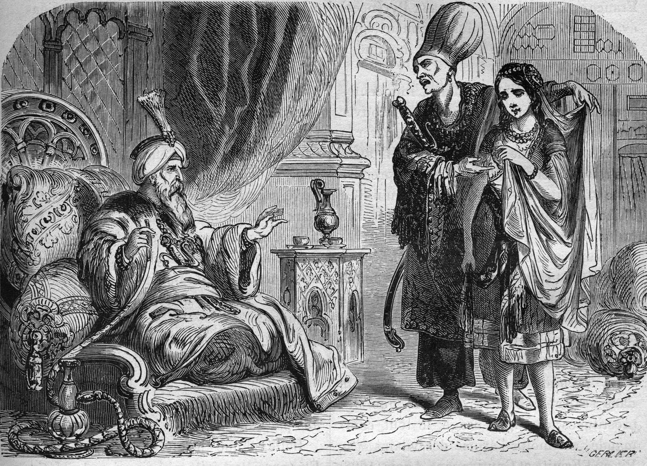 Venetianische Baffa, Favoritin von Mourad III. (1574-1595) oder Amurat III. Osmanischer Sultan. Gravur in „Die Geschichte der Prostitution und Ausschweifung bei allen Völkern der Welt von der Antike bis heute“ von Dr. Th. -F. Debray. 1879. von French School