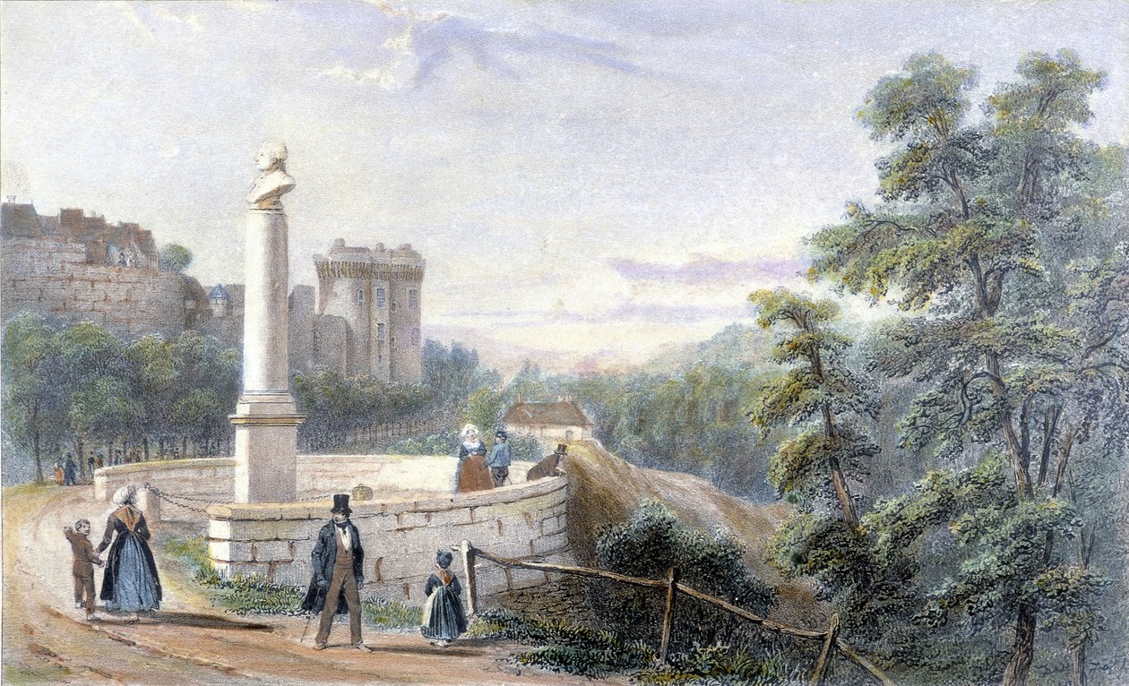 Ansicht von Schloss Dinan und der Statue von Duclos Pinot. Illustration des 19. Jahrhunderts im Museum von Dinan. von French School