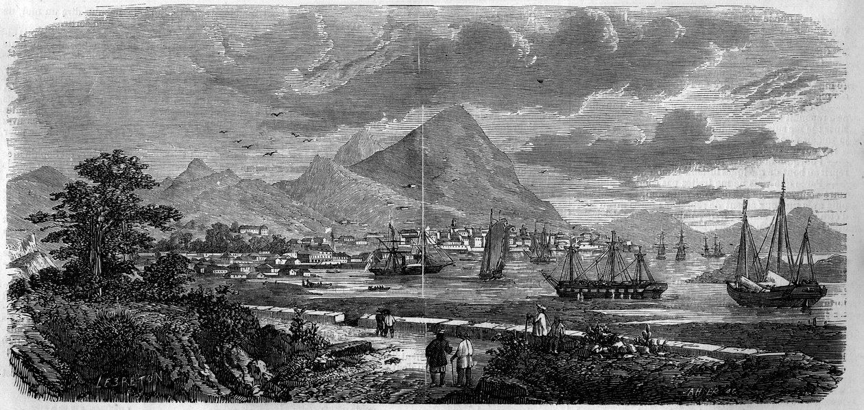 Ansicht der Stadt Hongkong (Hongkong) (Kanton-Bucht-Insel) im Jahr 1857. Gravur in „Le Monde Illustré“ Nr. 29 vom 31. Oktober 1857. von French School