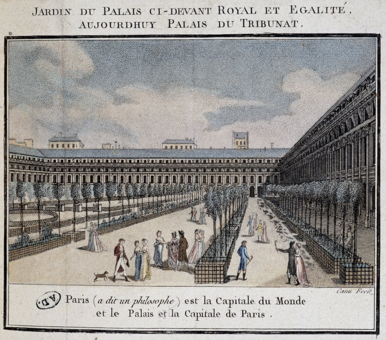 Ansicht des Königspalastes (Palais du Tribunat) mit Garten und Spaziergängern von French School