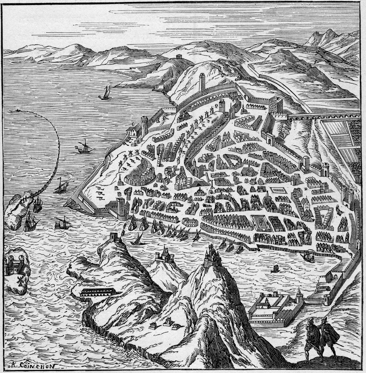 Ansicht der Stadt und des Hafens von Marseille im 16. Jahrhundert. Gravur in „La Marine et les colonies: commerce“ von French School