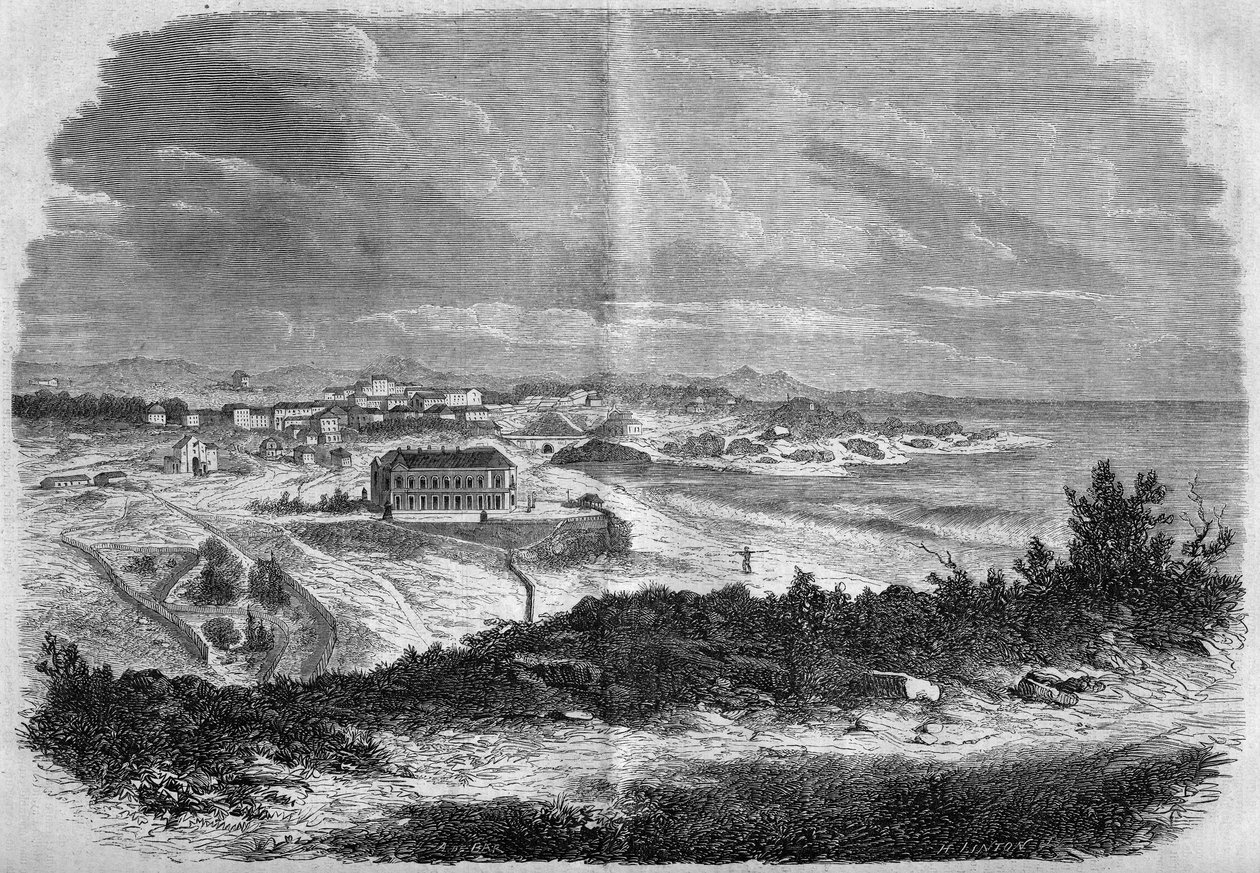 Ansicht der Stadt Biarritz, Pyrenäen-Atlantik (64) im Jahr 1858. von French School