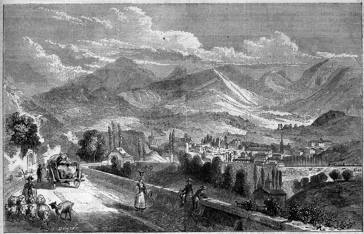 Blick auf die Stadt Chambéry, von der Straße nach Aix aus gesehen. Savoie (73) von French School