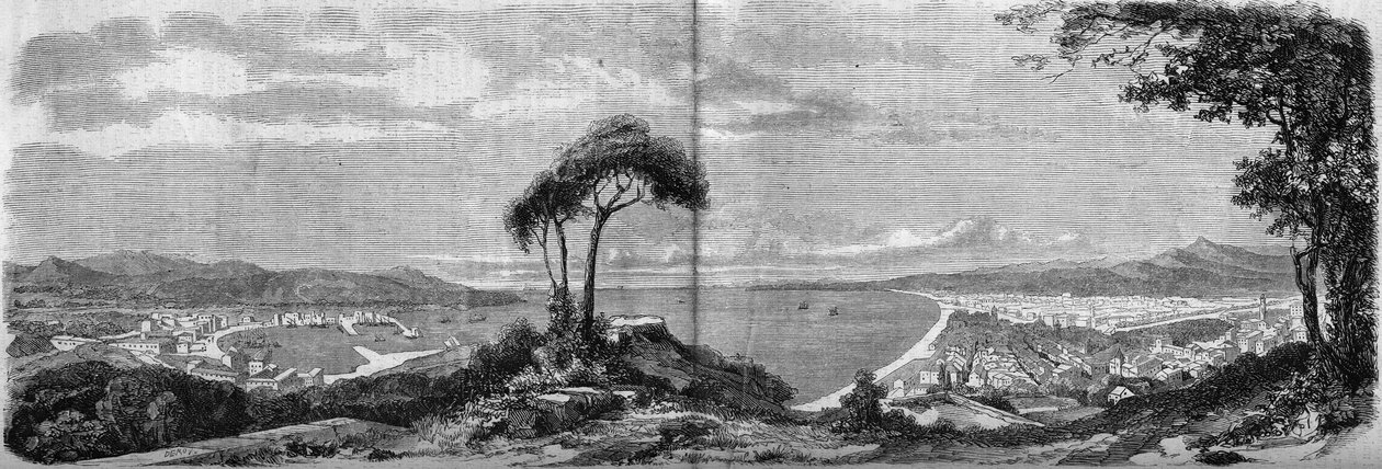 Ansicht der Stadt Nizza im Jahr 1860. Gravur in „The Illustrous World“ Nr. 157 vom 14. April 1860. von French School