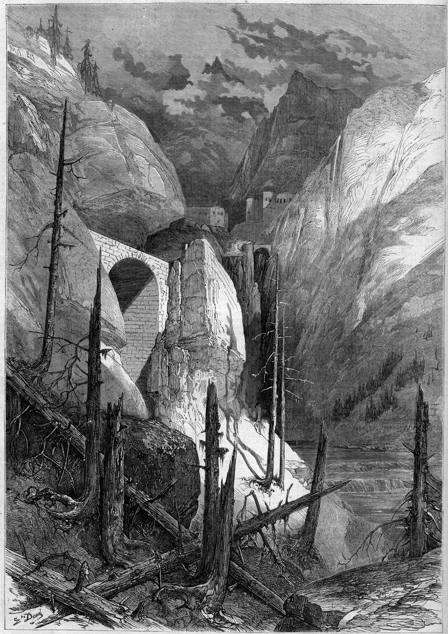 Ansicht der Schlucht und des Forts von Finstermünz (1471). Tirol, Schweiz von French School