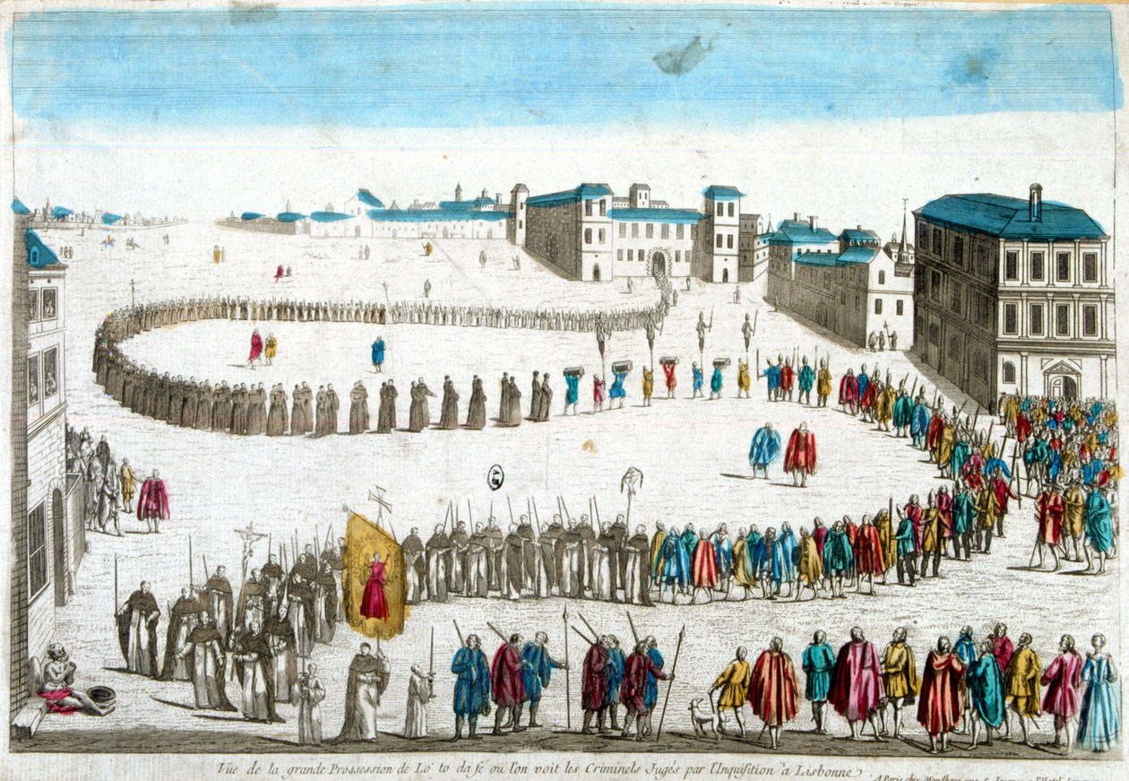 Ansicht der großen Prozession des Selbst-Dafé, wo wir die von der Inquisition in Lissabon verurteilten Verbrecher sehen - Gravur von French School