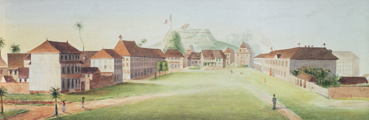 Ansicht der Infanteriekaserne in Cayenne, Französisch-Guayana, um 1840 von French School