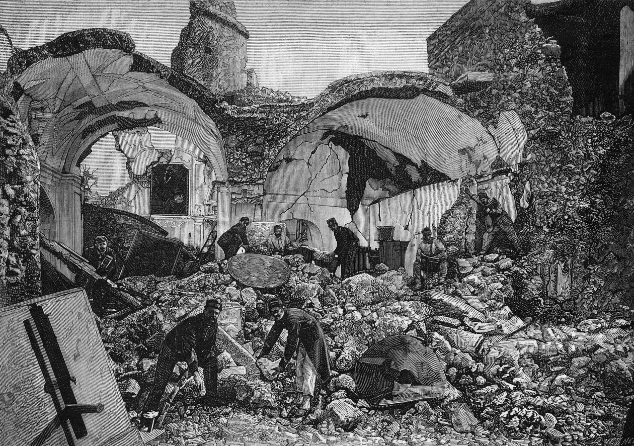 Ansicht der Ruinen der Chiesa del Purgatorio, zerstört während des Erdbebens von 1881 auf der Insel Ischia (Italien). Gravur von Quesnel in „Le Monde Illustré“ Nr. 1254 vom 9. April 1881 von French School