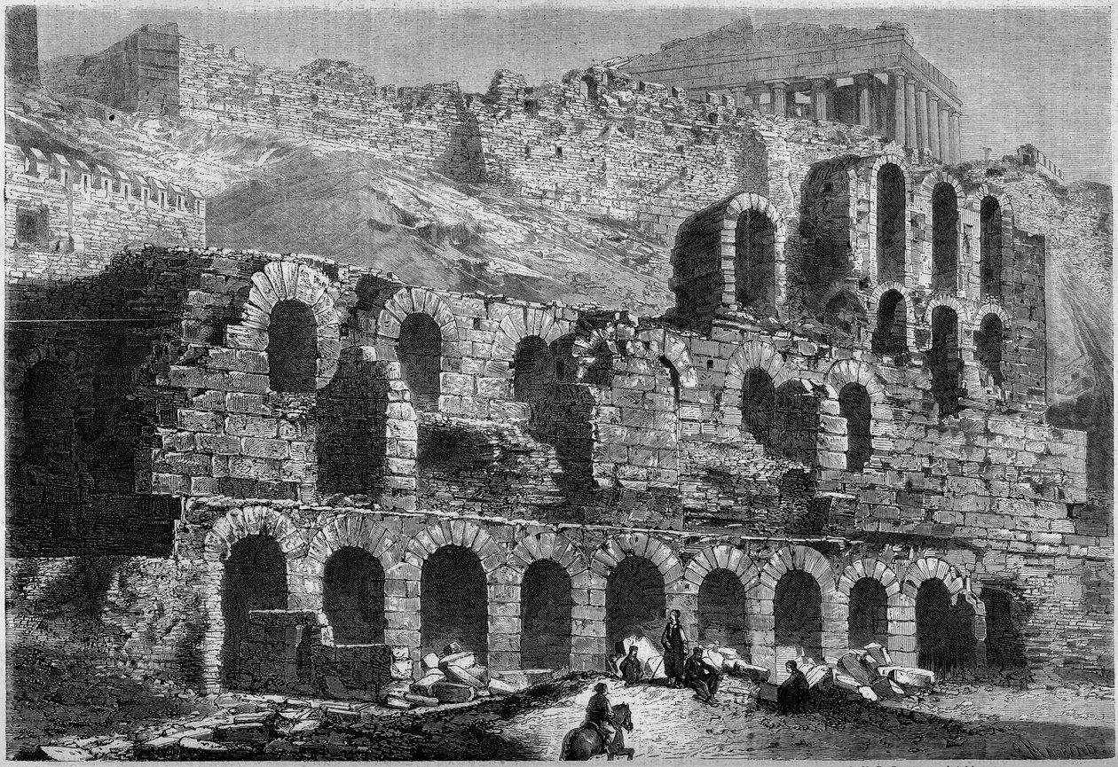 Ansicht der Ruinen des Odeons des Herodes Atticus (erbaut 161 n. Chr.) in Athen, Griechenland von French School