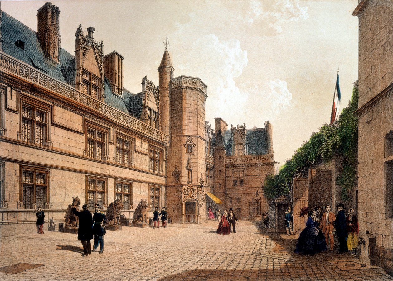 Ansicht des Hotels und des Museums von Cluny in Paris. Gravur des 19. Jahrhunderts. Paris, dekorative Künste von French School