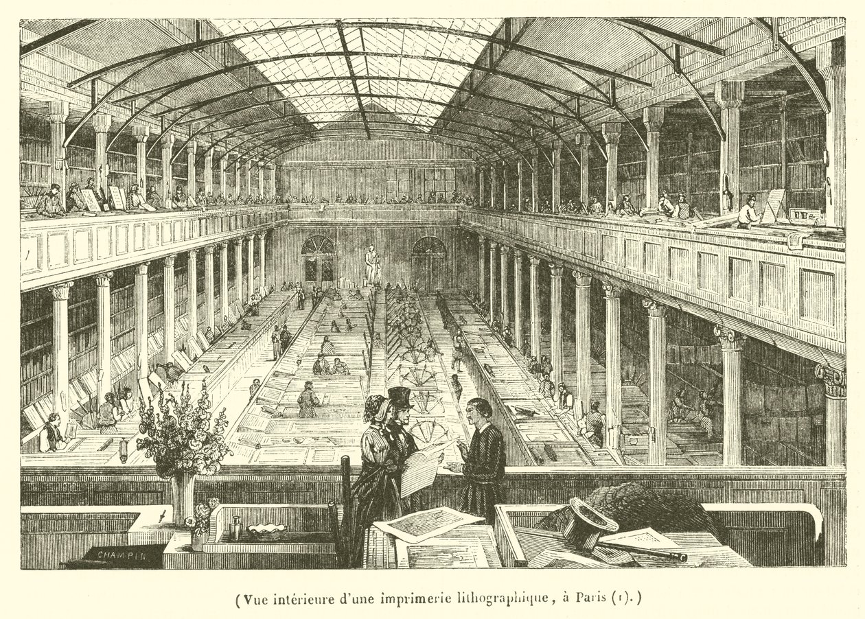 Innenansicht einer lithografischen Druckerei in Paris (Gravur) von French School