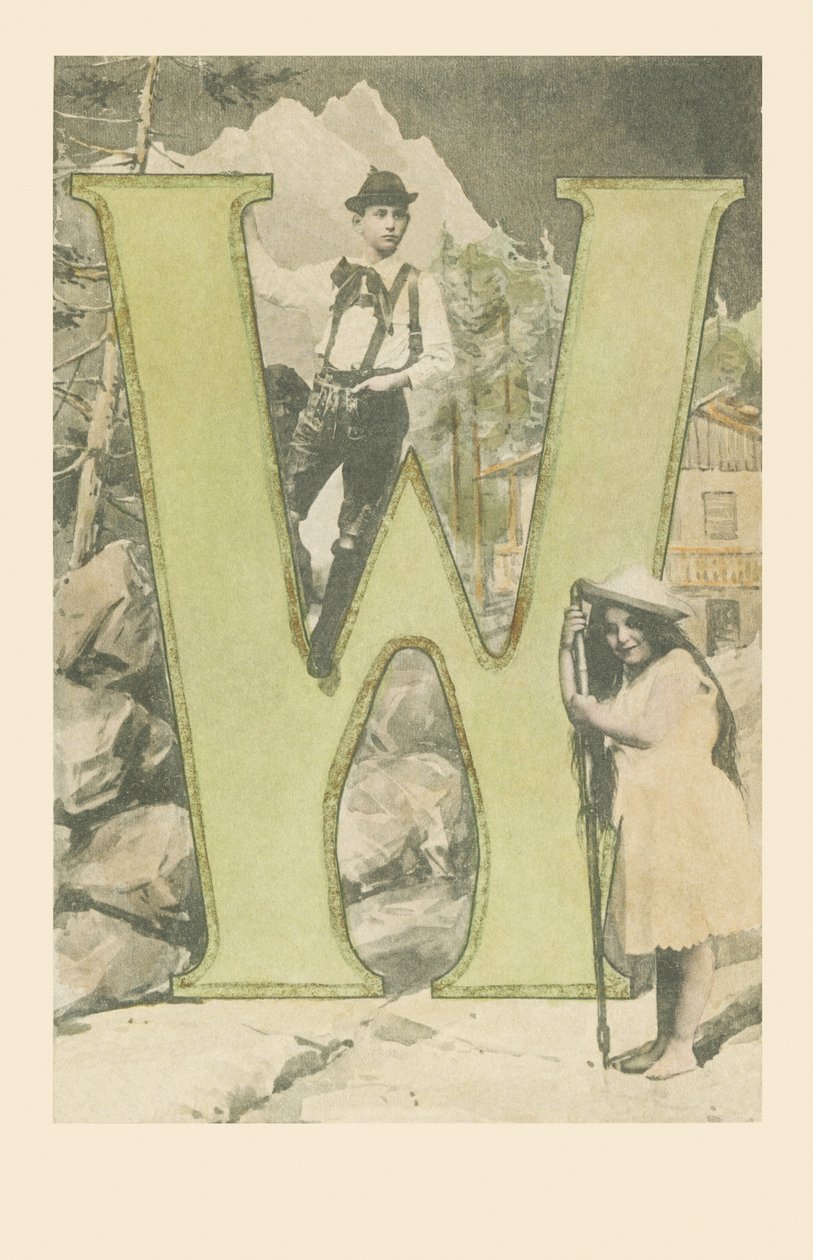 Ein Junge im Tiroler Kostüm, ein Mädchen mit einem Bergstock von French School
