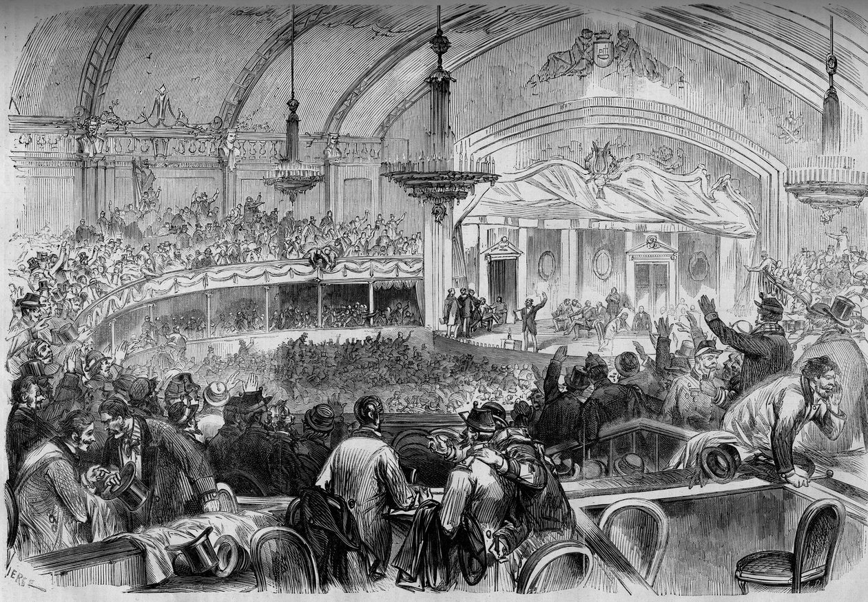 Krieg von 1870 - Parlamentswahl während des Waffenstillstands - Februar 1871: Wahlversammlung im Cabaret des Folies Bergeres in Paris zur Proklamation der Kandidaten für die Nationalversammlung. Gravur in „Le Monde Illustré“ Nr. 722 vom 11. Februar 1871 von French School