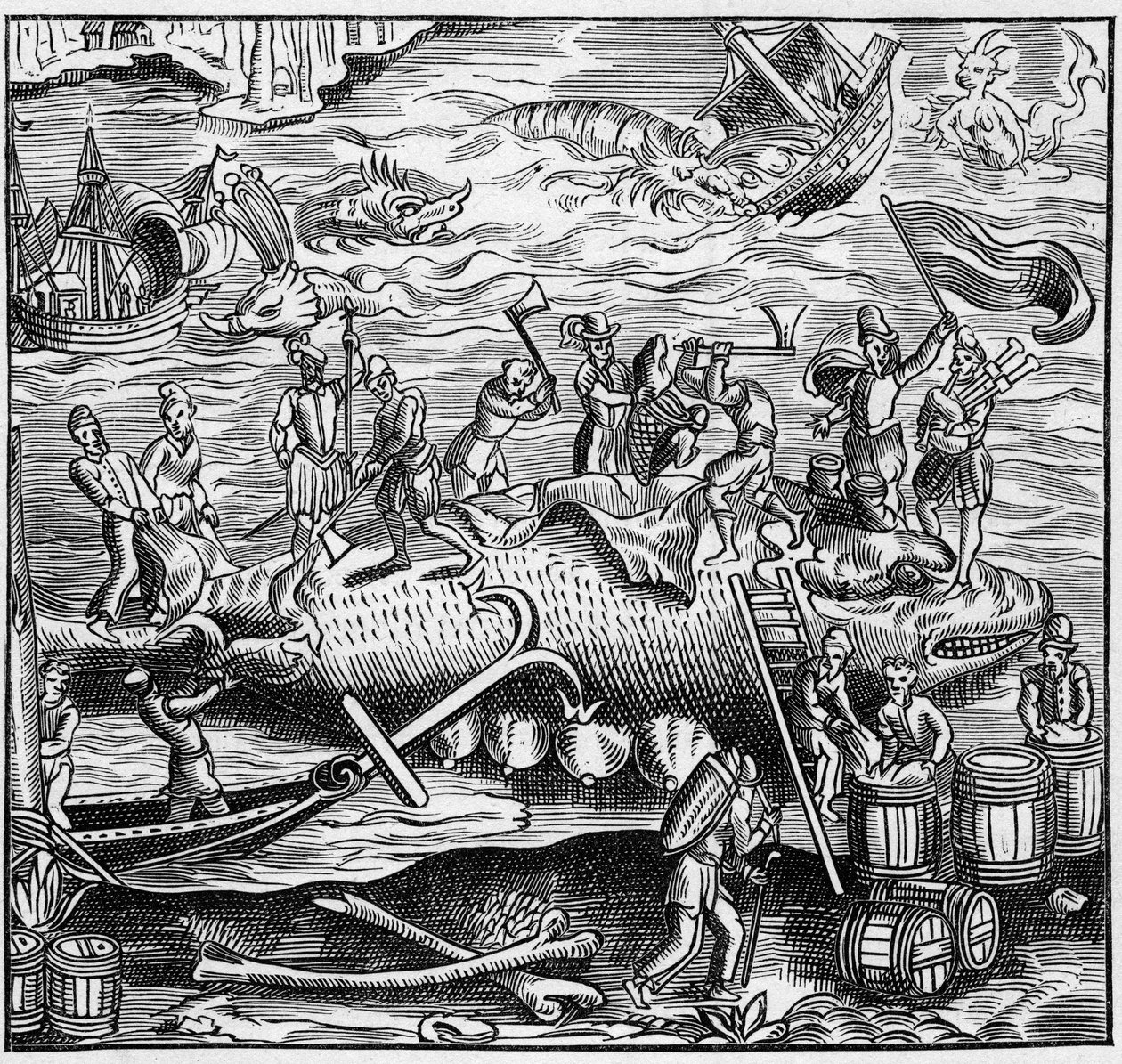 Walfang an der französischen Atlantikküste im Mittelalter. Gravur in „La Marine et les colonies: commerce“ von French School