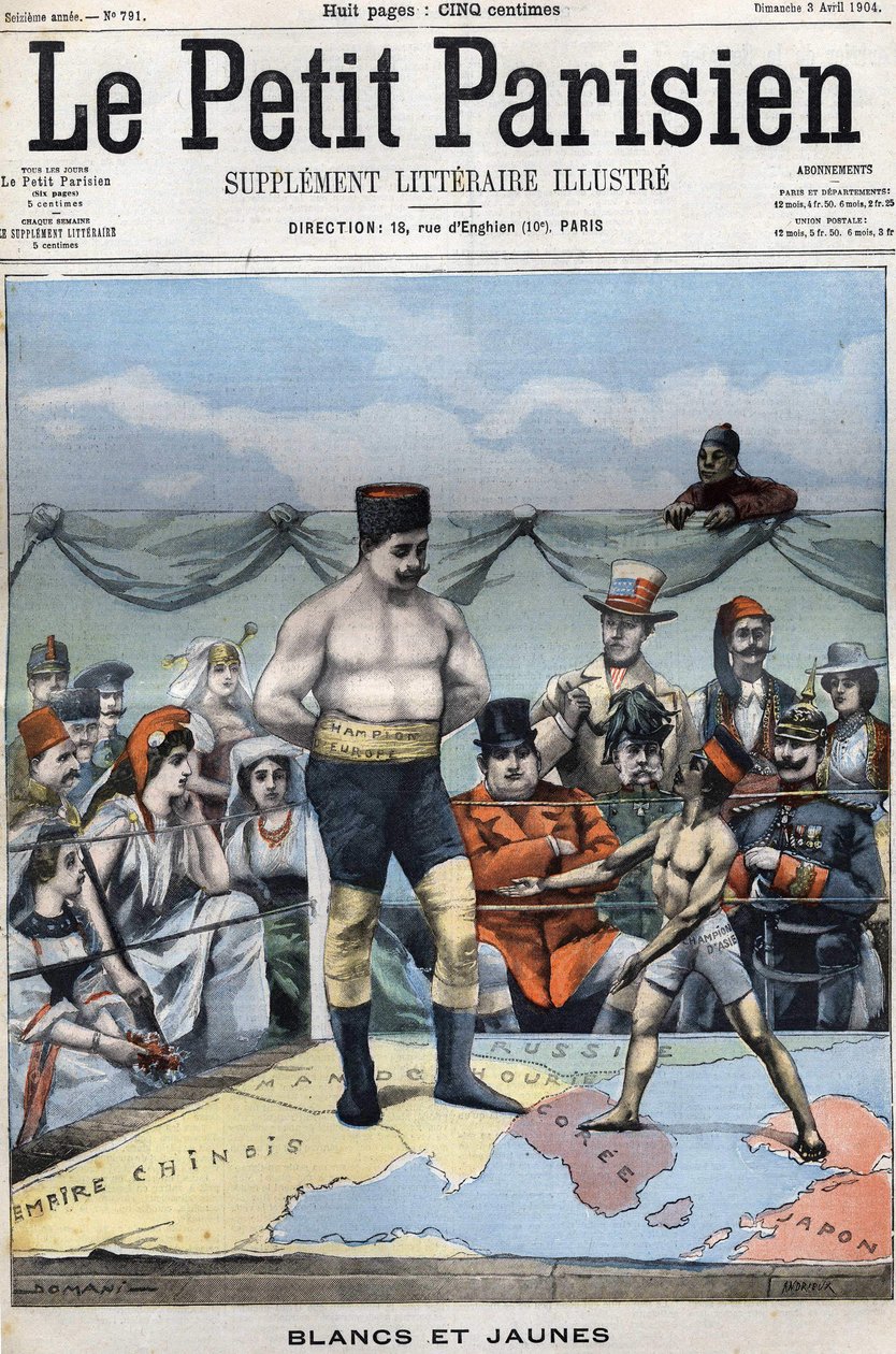 Weiß und Gelb (Karikatur über den Russisch-Japanischen Krieg: Länder wie Frankreich, USA, China... beobachten Japan und Russland beim Boxen). Titelblatt Le petit Parisien vom 3. April von French School