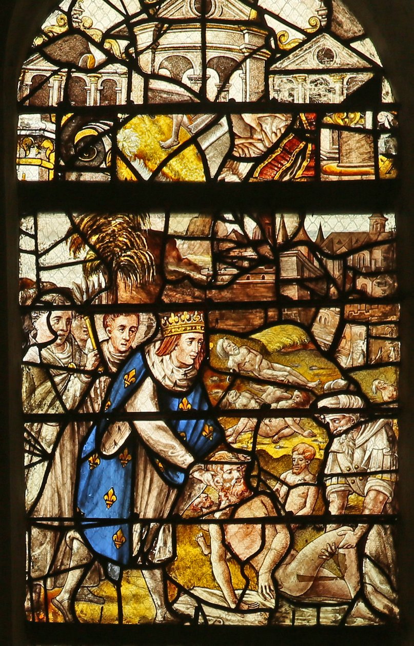 Fenster, das den Heiligen Ludwig beim Begraben der Toten darstellt von French School