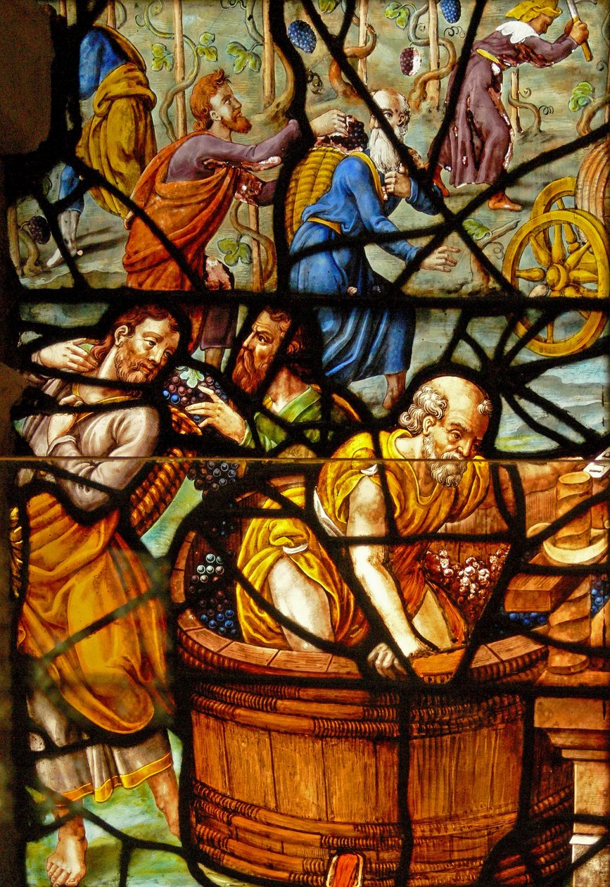 Fenster im Charnier (w.11) zeigt ein Detail aus der mystischen Weinpresse. von French School