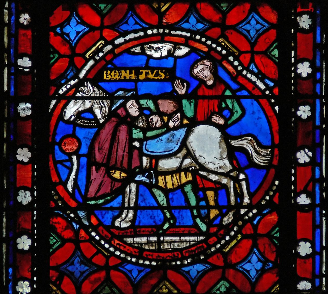 Fenster s1-R, eine Szene aus der Reise des heiligen Bonnet nach Rom und Abenteuer darstellend von French School