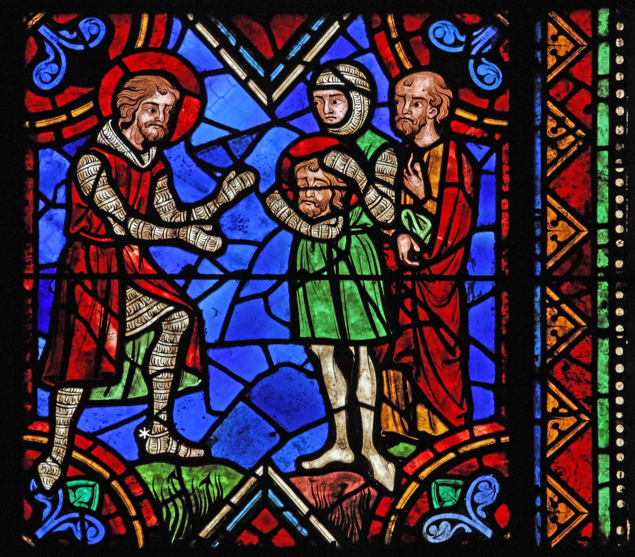 Fenster w06, Darstellung der Geschichte des Heiligen Julian von Brioude - Heiliger Ferreol, ein Freund von Julian, der während der Diokletianischen Verfolgungen starb, erhält Brioudes Kopf nach seiner Hinrichtung von French School