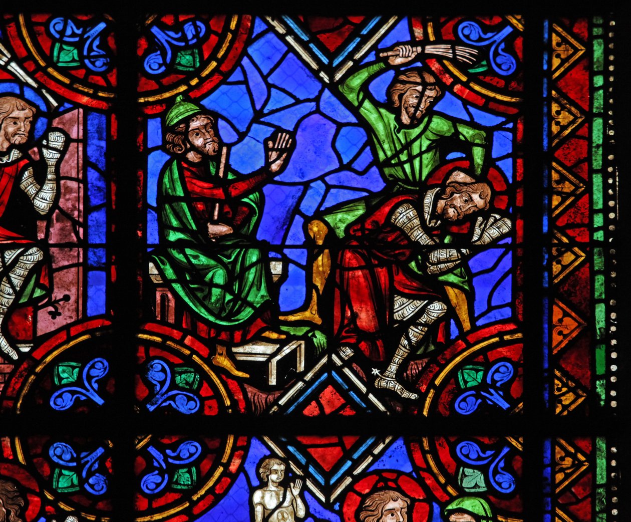 Fenster w06, Darstellung der Geschichte des Heiligen Julian von Brioude - Heiliger Ferreol, ein Freund von Julian, der während der Diokletianischen Verfolgungen starb, wird gefangen genommen und geschlagen von French School