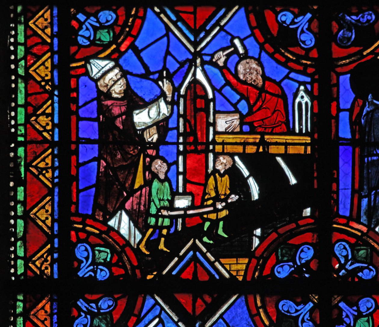 Fenster w06, Darstellung des Baus einer Kirche von French School