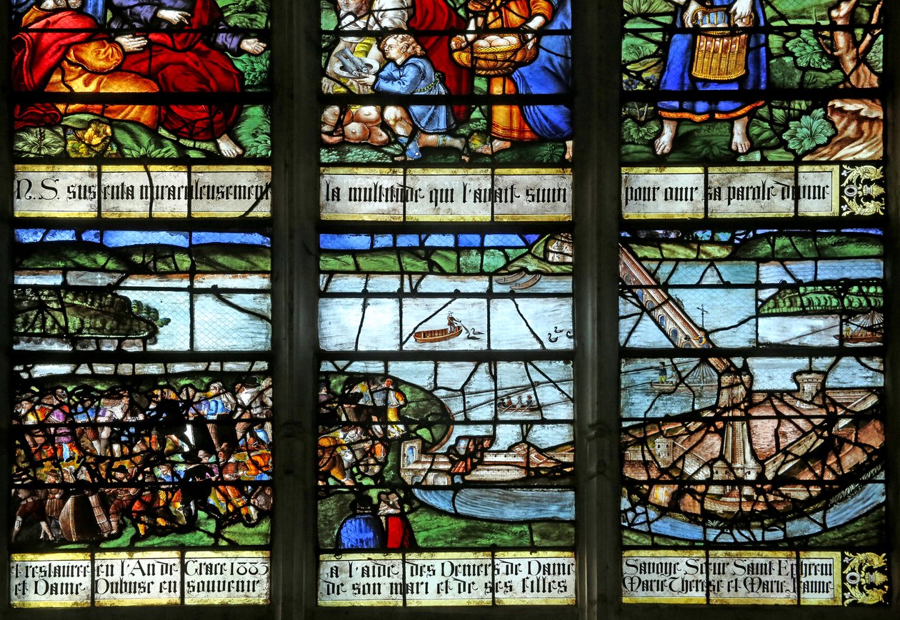 Fenster w12 mit Darstellung des Brückenbaus über die Seine von French School