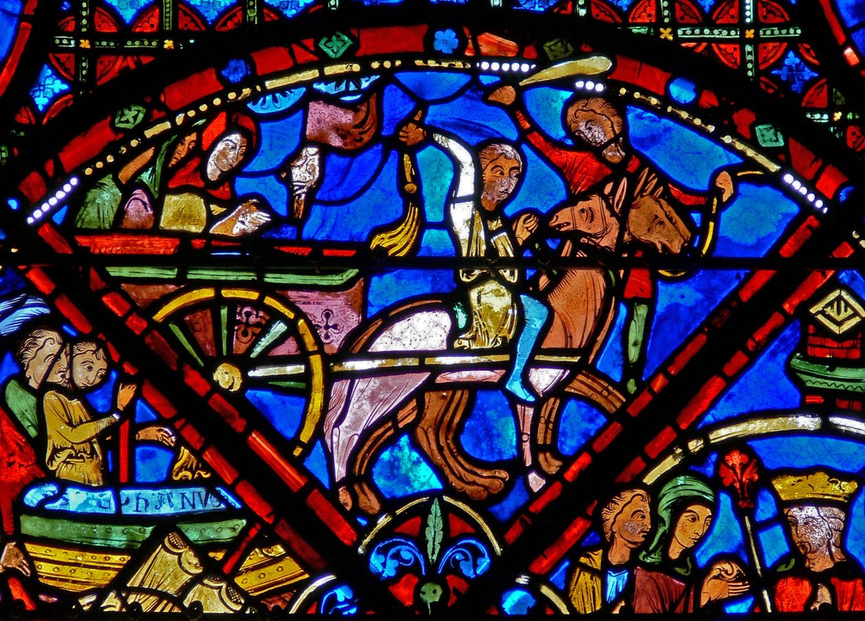 Fenster w15 Darstellung der Geschichte der Reliquien des Heiligen Stephanus: Transport der Reliquien mit Pferd und Wagen von French School