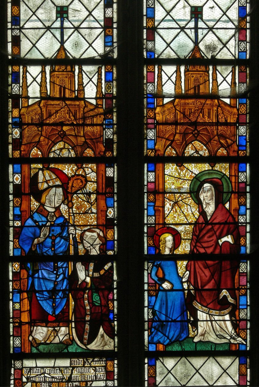 Fenster w17, das St. Nikolaus und den Stifter Oudin de Troyes darstellt; St. Anna und die Jungfrau Maria von French School