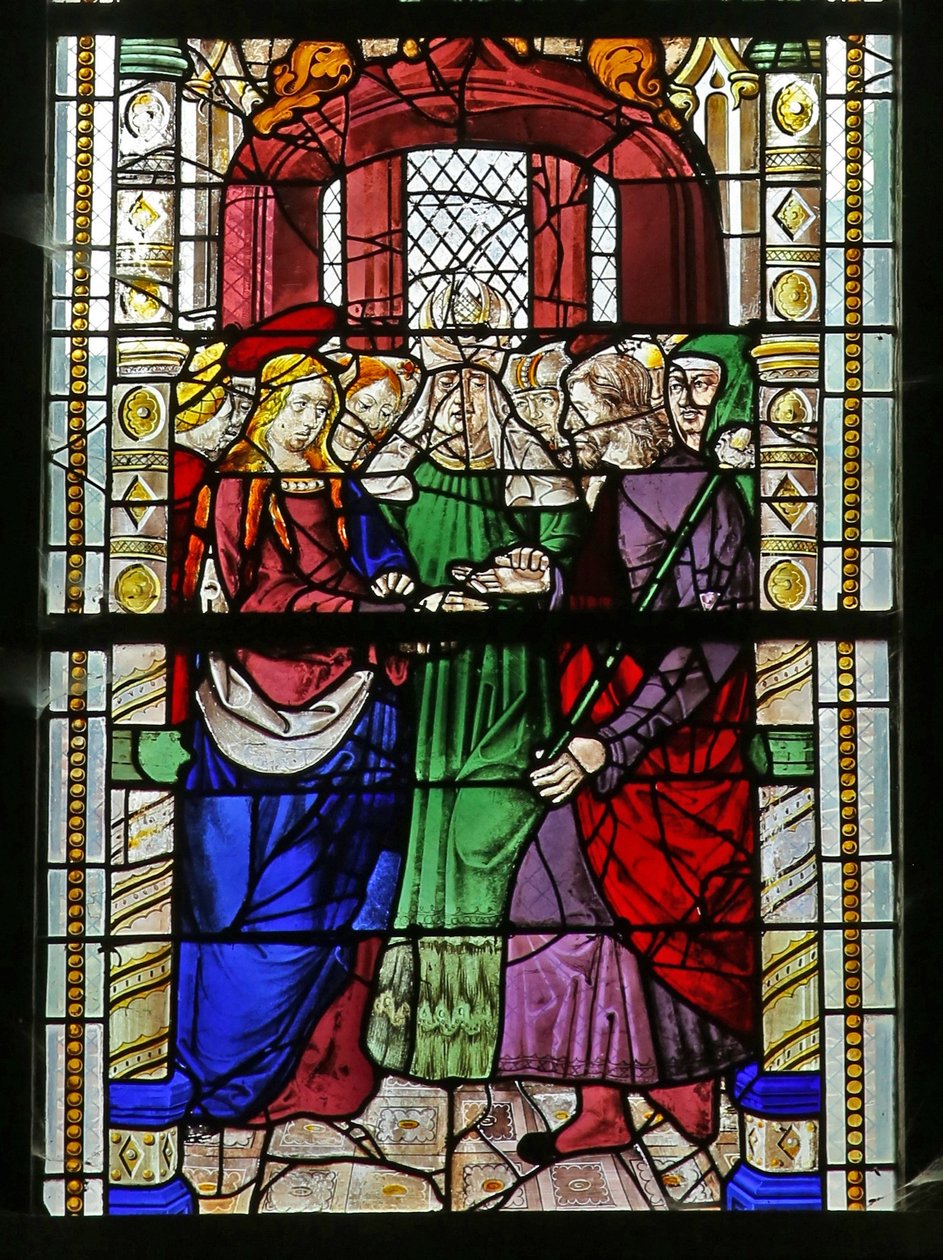 Fenster w1, das die Hochzeit der Jungfrau Maria darstellt von French School